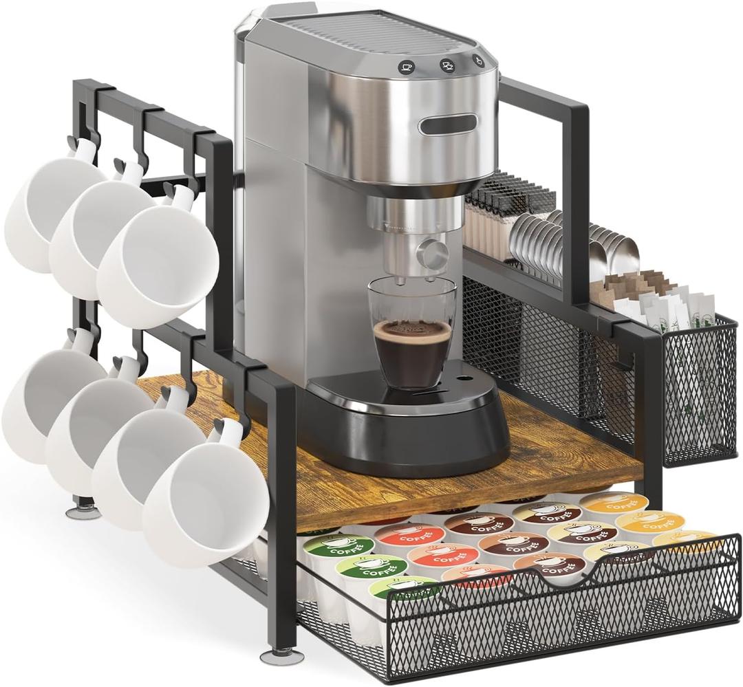 EsLuker.ly Coffee Bar Station Organizer with K Cup Drawer, Pod Holder Storage Rack with 7 Mug Hooks for Countertop, Wooden Coffee Machine Maker Stand for Home Office, Space-Saving for Coffee Lovers (Black+Vintage Brown)
