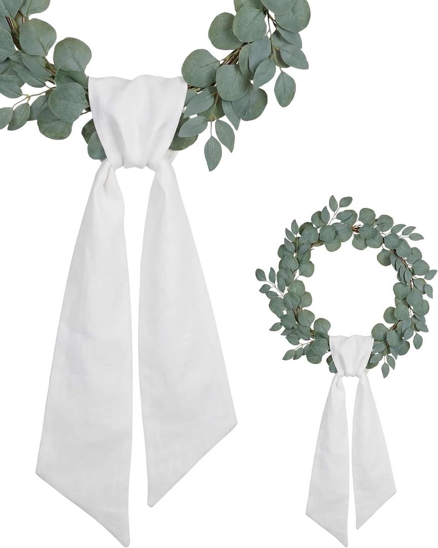 2 Pieces White Linen-Style Wreath Sash for Front Door, 55"x5.1" Blank Ribbon DIY Embroidery Monogram Christmas Holiday Farmhouse Home Wall Decorations (White)