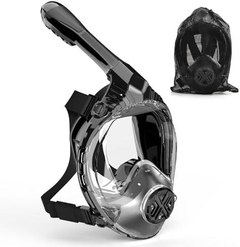 WONDSY Full Face Snorkel Mask for Adults, Snorkeling Gear for Kids, Anti-Fog & Anti-Leak Design with 180° Panoramic View, Dry Top Breathing System, Ideal for Scuba Diving, Snorkeling (Black, L/ XL)