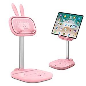 OATSBASF Cute Bunny Tablet Stand for Desk, Adjustable Height Stand Holder Dock Compatible with iPad Pro 9.7, 10.5, 12.9 Air Mini, Kindle, Nexus, Tab, E-Reader (4-13") (Pink-Plus)
