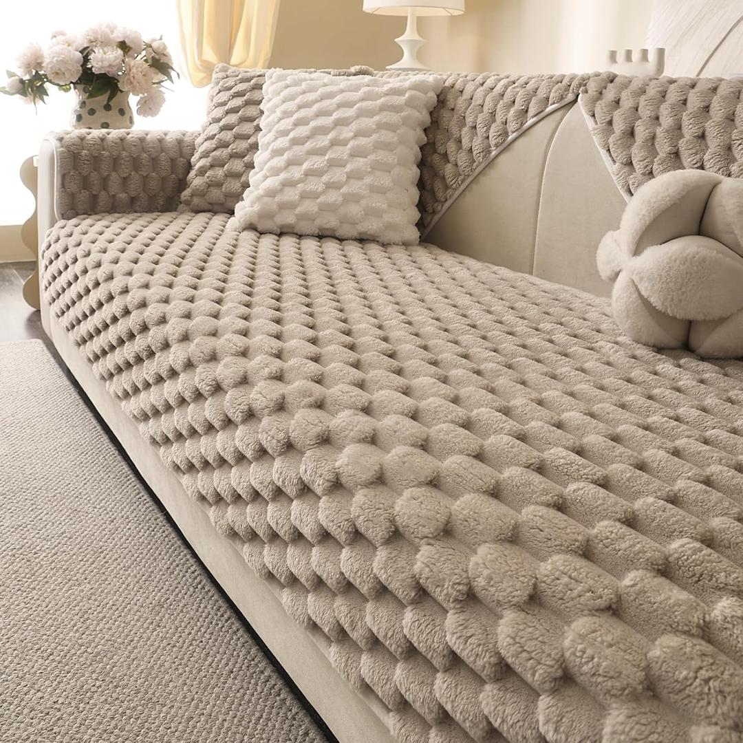 Soft Plush Faux Fur Couch Cover, Fluffy Non Slip Sectional Sofa Covers for 3 Cushion Couch, Furniture Protector Sofa Slipcover(1 PCS 36"x36" Khaki)