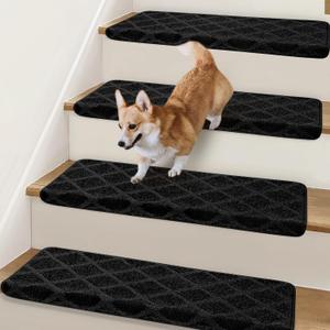 Bullnose Stair Treads Non Slip 9.5" x 32", 2 Pcs Carpet Stair Treads for Wooden Steps Indoor with Edge Protection, Reusable Peel and Stick TPU Backing Stair Runner Rugs - Diamond Pattern Black