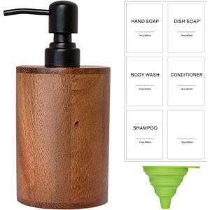 Walnut Wood Soap Dispenser, 14oz/400ml Round Cylinder Hand Soap Dispenser for Bathroom, Kitchen, with Pump Head, Funnel & Labels, Bathroom Countertop Soap Dispensers
