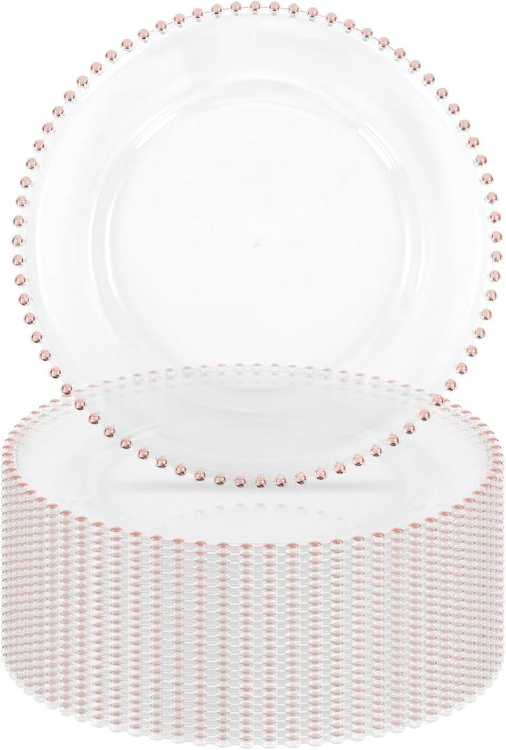 24 Pack Clear Acrylic Round Charger Plates With Rose Gold Beaded Rim, 13 Inch Plate Chargers for Dinner, Plastic Decorative Plates, Table Chargers for Wedding, Party, Event (Rose Gold)
