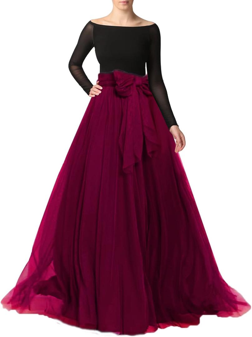 Women Maxi Long Tulle Skirt Floor Length with Bowknot High Waisted for Wedding Party Dress (Dark Red, Medium,US 4-16)