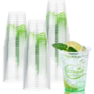 ECOLipak 100 Count 9 OZ Clear Compostable Plastic Cups, Disposable Plant-Based Biodegradable Drinking Party Cups, PLA Plastic Cold Tumblers for Daily, Family, Party, Gathering