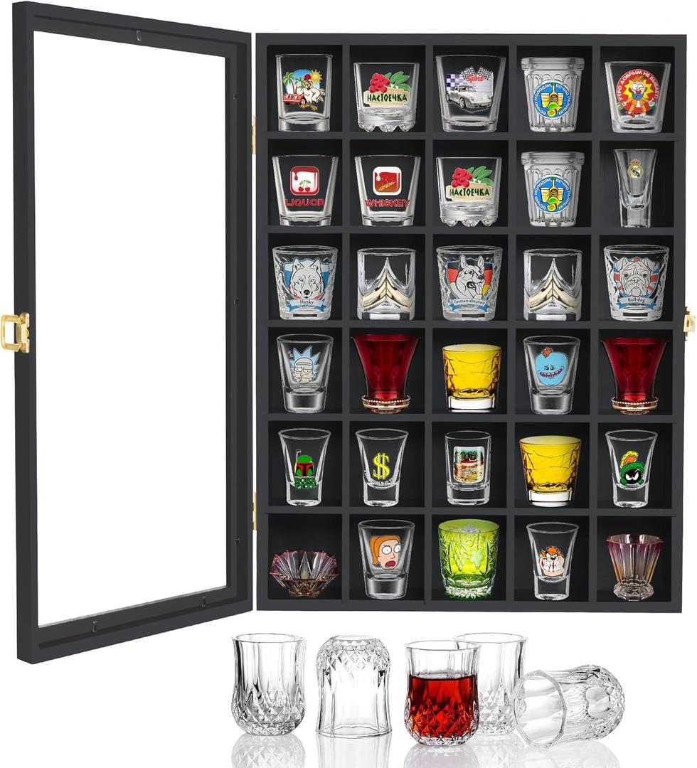 30 Shot Glass Display Case Wall Mounted, Shot Glass Holder with Door and Removable Shelve, Shot Organize for Home Bar Decor