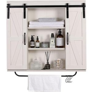 RUSTOWN Rustic Wood Wall Storage Cabinet with Two Sliding Barn Door, 3-Tier Decorative Farmhouse Vintage Cabinet for Kitchen Dining, Bathroom, Living Room, Vintage White, 30.7 inches x 27.6 inches x 7 inches