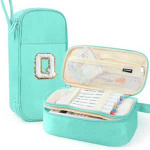Large Pencil Case,Big Capacity Pencil Pouch,Personalized Initial Pencil Bag with smooth zipper,Multiple Pockets,Cute Aesthetic Stationery Pen Case Bag for Teen Girls College (Mint Green, Q)