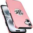 PELEPUES Shockproof Case for iPhone 16 6.1 inch, [Embedded Finger Ring] Military Grade Phone Case Cover with Reinforced Metal Stand Kickstand [Support Magnetic Car Holder] for iPhone 16, Pink