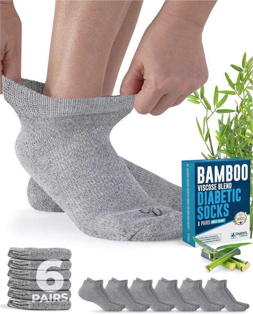 Doctor's Select Viscose Bamboo Ankle Diabetic Socks for Women and Men - 6 Pairs | Super Soft, Non Binding, Loose Wide Top (Gray)