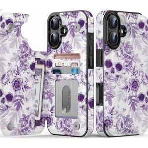 FUNMIKO for iPhone 16 Plus Wallet Case with Card Holder, RFID-Blocking, Military-Grade Drop Protection & Floral Animal Design, Magnetic Closure with Leather Kickstand - Floral Skull