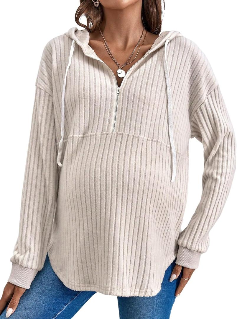 Women's Maternity Sweatshirts Long Sleeve Rib Knit Half Zip Up Hoodies Pullover Tops Fall Clothes (Large, Khaki Plain)