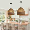 18.9" Farmhouse Rattan Pendant Light Fixture 3-Lights Costoal Chandelier Boho Hand Woven Wicker Hanging Light Fixture for Kitchen Island Living Room Bedroom Dining Room Foyer Restaurant Coffee, 19IN