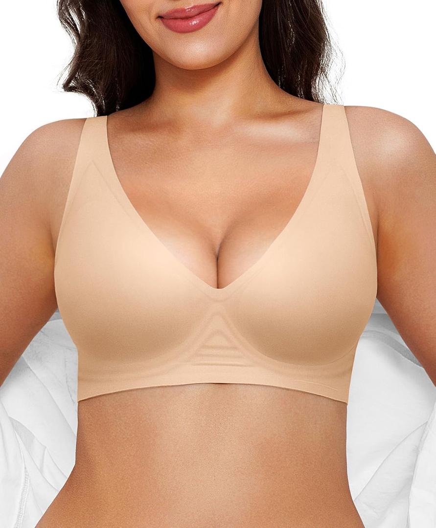 Popilush Wireless Bras Women Seamless No Underwire Push Up Bra Supportive Deep V Bralette Everyday Comfortable T-Shirt Bra (Small)