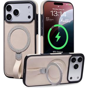 for iPhone 17 Pro Max Leather Case with Glitter Sparkly Shiny Stand | Fits for MagSafe (Beige, iPhone 17 Pro Max)