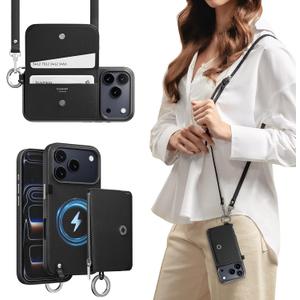 MAGEASY Pouch MagSafe Crossbody Wallet Phone Case for iPhone 17 Pro, Removable Magnetic Wallet with Strap Adjustable, Shockproof Protection Purse Case, RFID Blocking Coin & Card Holder (Black)