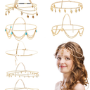 WILLBOND 8 Pieces Gold Head Chain Jewelry Halloween Boho Headband Coins Pearl Tassel Chain Hair Band Festival Prom Wedding Headpiece for Women(Elegant Style)
