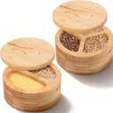 SHENLIU 2 Pack Acacia Wood Salt and Pepper Bowl Box, Built-in Spoon, 2 & 3 Compartments Spices Seasoning Container, Sea Salt Cellar Holder, Magnetic Swivel Lid Bamboo Salt Box for Salt Sugar Pepper