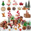 48PCS Christmas Miniature Figurines Mini Resin Christmas Ornaments Kit with Snowman Santa Claus Trees Wooden Display Stand Pine Needles Trees Cones Theme for DIY Xmas Decor Fairy Garden