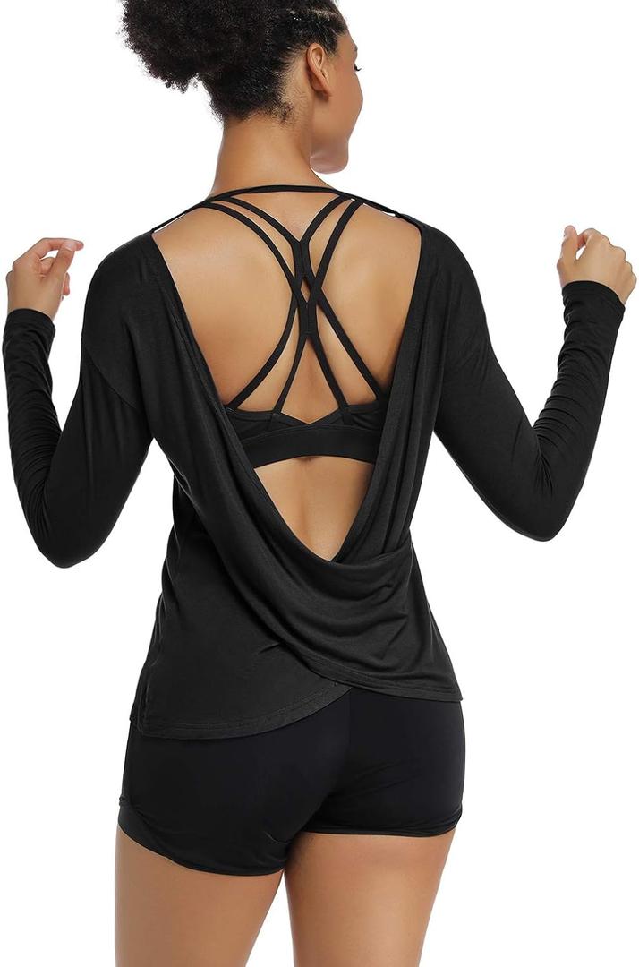 Muzniuer Women's Long Sleeve Workout Shirts Backless Yoga Shirts Cross Back Open Shirt (Large, Black)