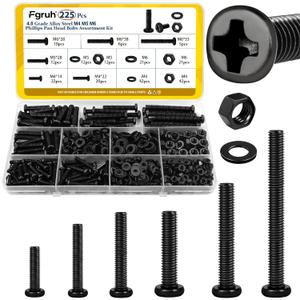 225pcs Screws and Nuts Assortment Kit,M4 M5 M6 Phillips Pan Head Assorted Nuts and Bolts,Washers Kit for Headboard, Wall Plate Switch, Receptacles Mounting Screws Black