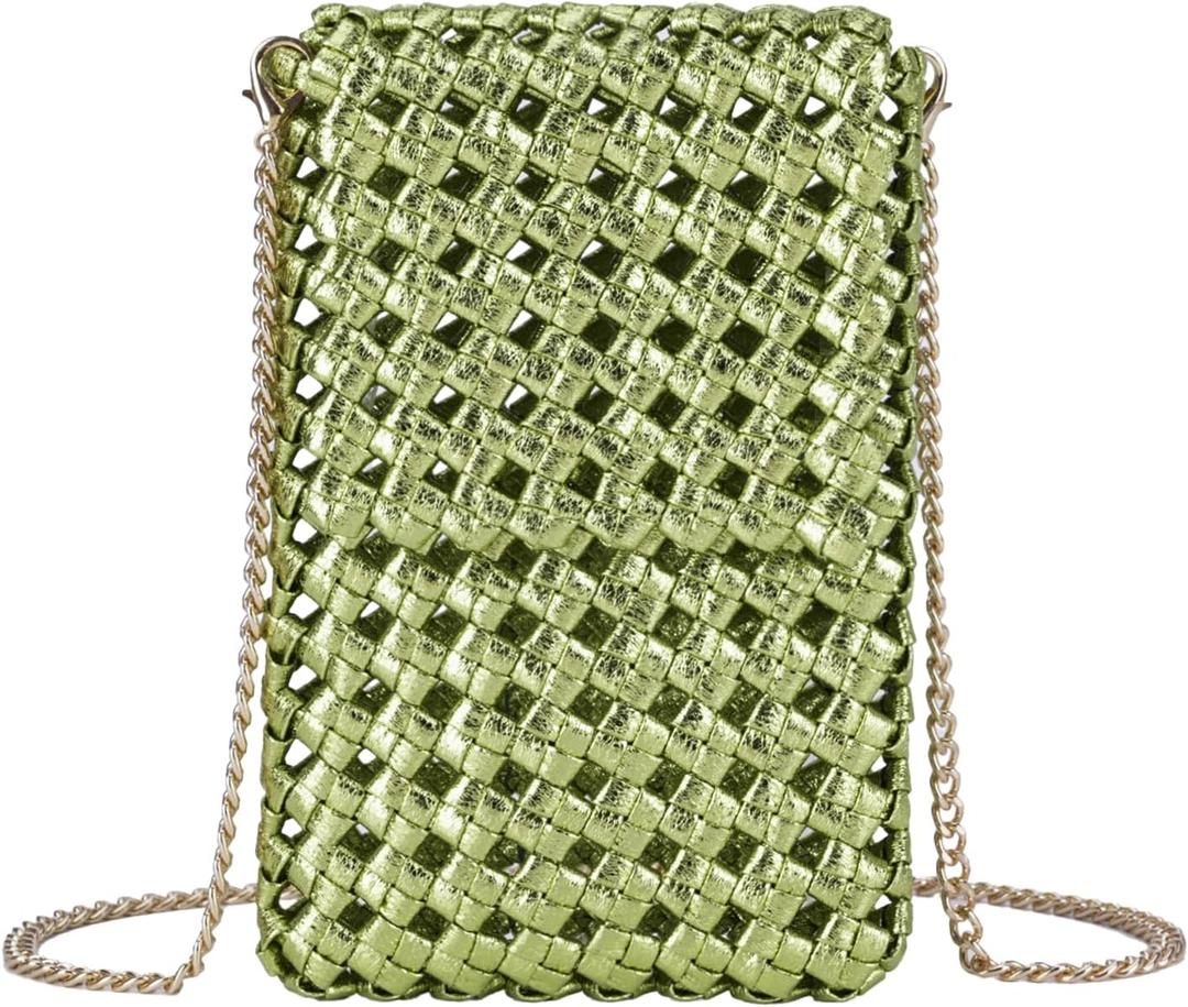 Woven Small Crossbody Bag for Women, PU Leather Cell Phone Purse with Chain Strap Mini Shoulder Bag Beach Crossbody Phone Bag