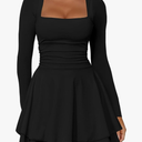 Kaximil Women's Square Neck Ruffle Hem Mini Dress Ruched Waist Long Sleeve Corset Short Party Dresses SMALL