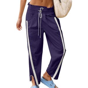 Track Pants Women Casual Drawstring Barrel Pant Lightweight Baggy Contrast Color Workout Pants with Pockets (Large, Purple)