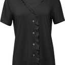 Floral Find Womens Short Sleeve Button Down Tops Casual Summer V-Neck Lace Trim Blouse Cute Tee, Black, X-Large (Black, XL)