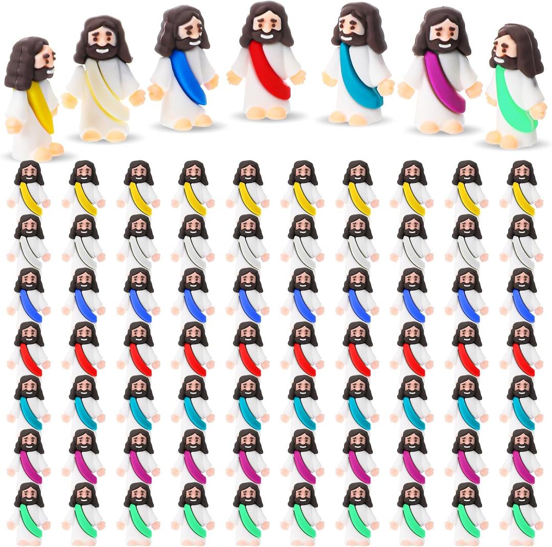 Bememo 100 Pcs Jesus Toys Original Design Mini Rubber Little Jesus Figurine to Hide and Seek Religious Party Favors Sunday School Craft Baptism Gifts for Easter Egg Stuffers(Multicolor)