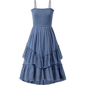 Sunny Spirit Girls Summer Dress for Tween Girl Teen Kids Sundress Maxi Boho Smocked Flowy 2-Way Layered Skirt 5-14 Years (Blue)