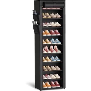 Kitsure Shoe Rack - 10-Tier Large Capacity Shoe Organizer Shelf with Dust Cover & Side Pockets, Rust-Proof Metal Shoe Rack for Closet, Entrance, Living Room, 17.5" x 12.4" x 69.3", Black