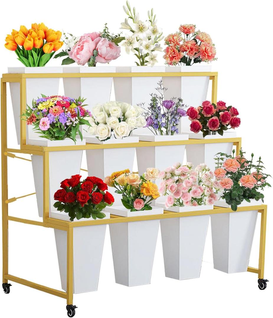 Flower Display Stand with 12Pcs Buckets, Flower Cart Display Stand with Wheels, 3 Tier Metal Plant Stand, Moving Heavy Duty Flower Cart Flower Rack for Florist Indoor Outdoor Patio Garden (Gold, 12pcs)