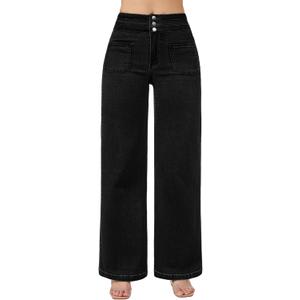 roswear Wide Leg Jeans Woman High Waist Stretchy Loose Denim Pants (Medium, Black)