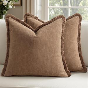 Woaboy Decorative Linen Fringe Throw Pillow Covers Boho Farmhouse Soft Cushion Covers Accent Pillowcases with Tassels for Living Room Couch Sofa Bed Chair,22x22 Inch Set of 2,Brown