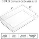 STORi SimpleSort 3-Piece Stackable Clear Drawer Organizer Set | 9" x 6" x 2" Rectangle Trays | Wide Makeup Vanity Storage Bins and Office Desk Drawer Dividers | Made in USA