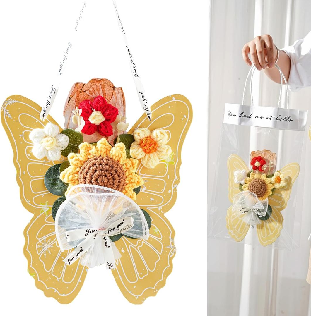 Crochet Flowers Sunflower Artificial Flowers, Handmade Knitted Faux Flower Included Gift Bag & Greeting Card for Birthday Gifts, Home Decoration, Gifting to Friends and Family