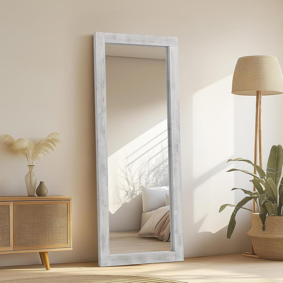 MirrMuse Rustic Floor Full Length Mirror Wood Frame, 56"x21" White Mirror | Free Standing, for Bedroom Living Room Entryway, Hanging or Leaning Wall-Mounted, Tempered Glass