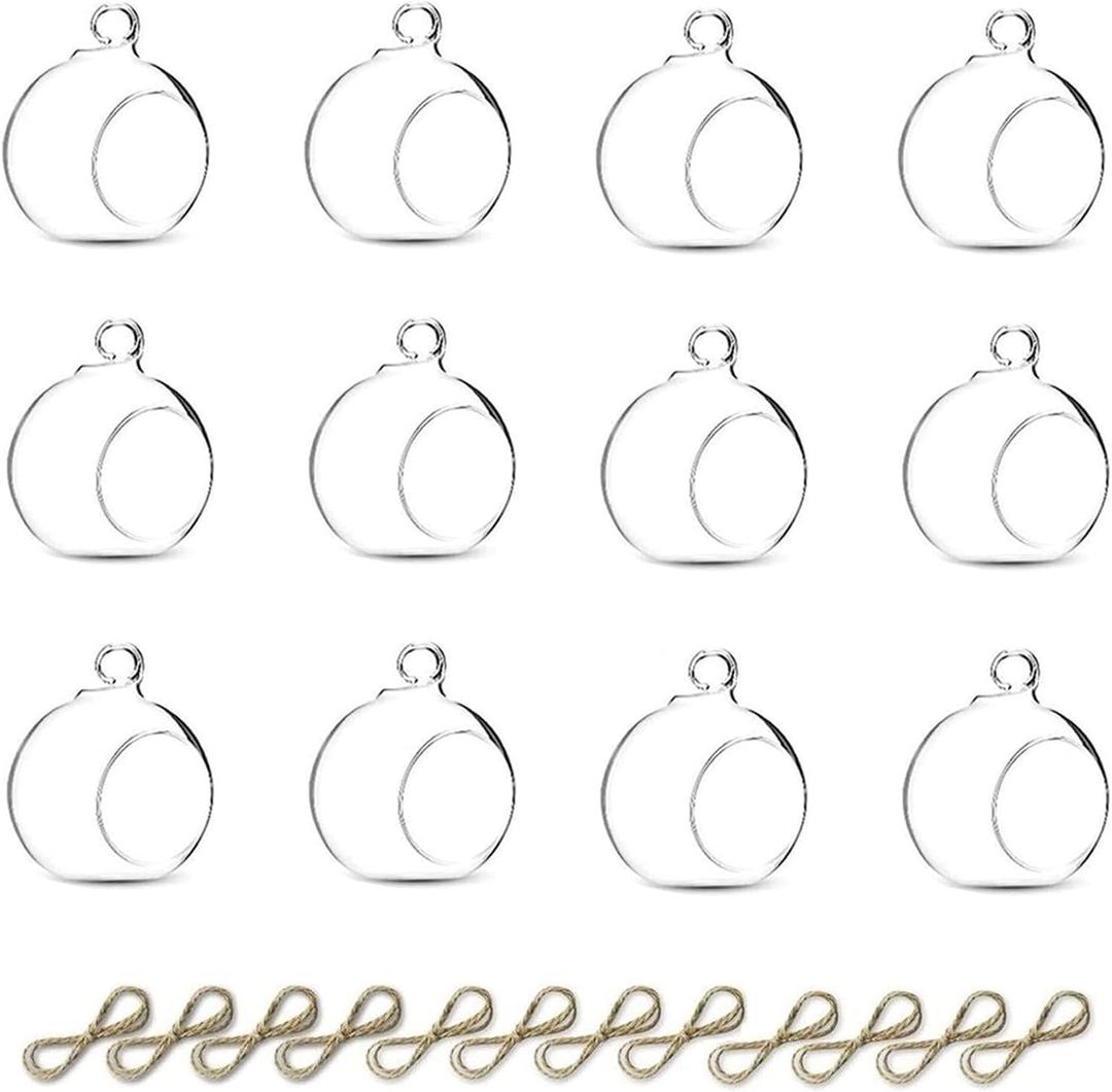 Nuptio 12 Pcs Hanging Tea Light Candle Holders Mini Glass Candle Holder 2.36" Diameter Baubles Globe Garden Ornament, Tealight Holders for Christmas Halloween Wedding Party Decorations for Reception