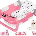 MoreFeel Collapsible Baby Bathtub for Newborn with Thermometer & 1 Hooded Towel & 1 Soft Floating Cushion,Portable Travel Bathtub with Drain Hole, Durable Foldable Baby Tubs for Infants to Toddler