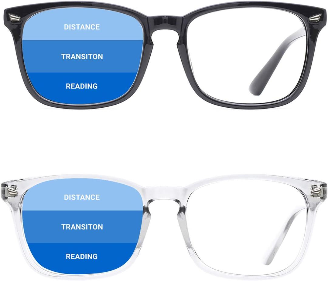 TIJN Progressive Multifocus Reading Glasses for Women Anti Blue Light Blocking Readers Vintage Square Nerd Eyeglasses (04-(2pack)black+transparent)