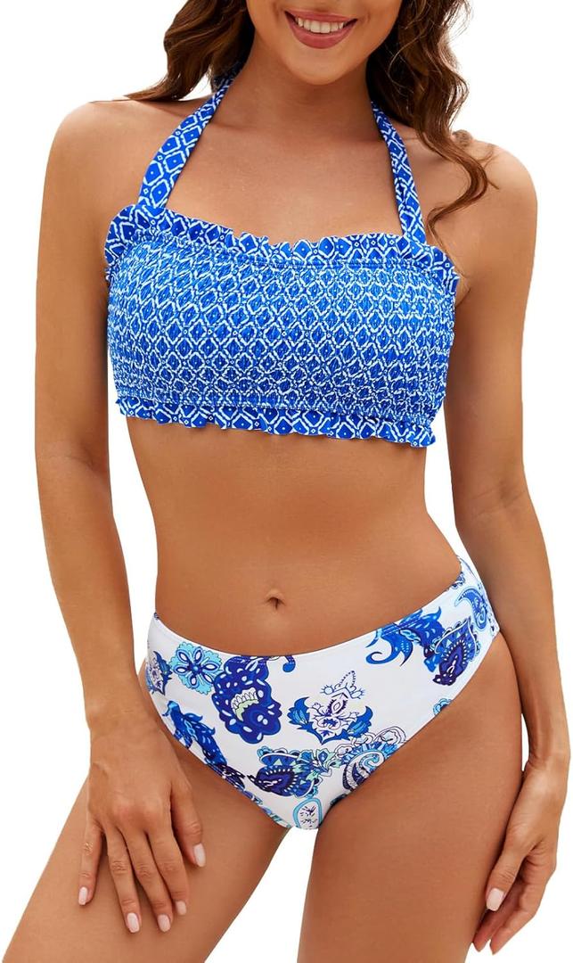 SEAFORM Bikini Set for Women Two Piece Bathing Suits Bandeau Top Mid Waisted Bottom Floral Bathing Suits with Removable Pads (Small, Blue)