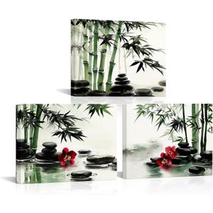 Biuteawal 3 Panels Zen Wall Art for Bathroom Decor Zen Stone with Green Bamboo Picture Print Peaceful Artwork Painting Home Bathroom Meditation Room Spa Room Decoration