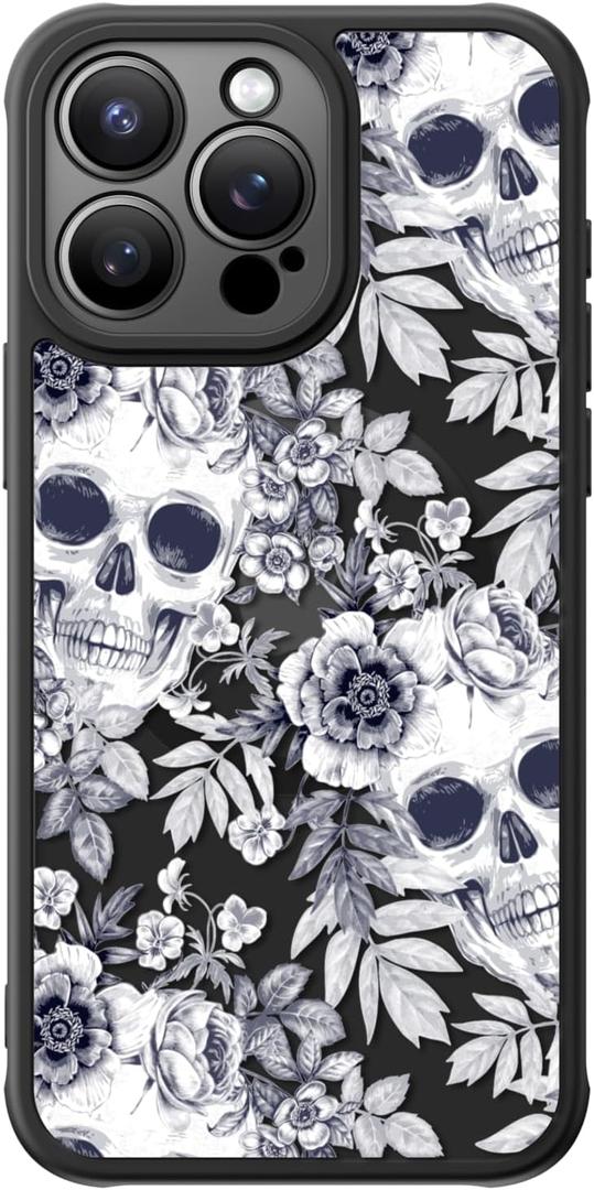 FUNMIKO for iPhone 15 Pro Case Wireless Charging & Military-Grade Protection - Cute Floral Design for Women Girls, Non-Slip Matte Cover with Shockproof Corners - Floral Skull