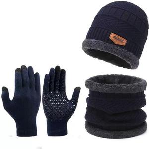 3-Pieces Winter Beanie Hat Scarf and Touch Screen Gloves Set Warm Knit Skull Cap for Men Women (black) (Blue)