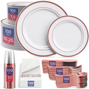 700 Count Rose Gold Dinnerware Set-200 Rose Gold Plastic Plates-300 Plastic Silverware-100 Cups-100 Disposable Hand Towel-Disposable Dinnerware for Halloween, Christmas,Thanksgiving