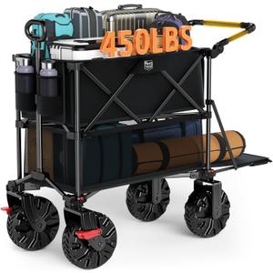 TIMBER RIDGE Push & Pull Double Decker Wagon, 400L Large Capacity Heavy Duty & 450lb Load, Collapsible Cart with All-Terrain Wheels & Brakes, 54” Extended Foldable for Sports, Beach, Camping, Black