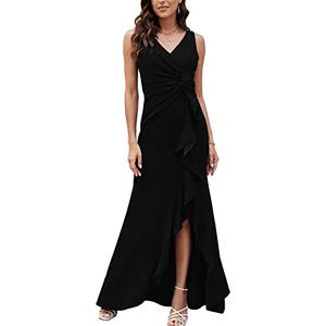 FQA Long Black Evening Gowns for Women Formal Dresses for Women Evening Party Elegant V Neck Sleeveless Split Wrap, Medium