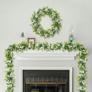 6FT Eucalyptus Garland with Flowers, 8 Pack Artificial Greenery Garland Hanging Faux Eucalyptus Garland Suitable for Table Wedding Backdrop Arch Wall Party UV Protected Indoor Outdoor Decor